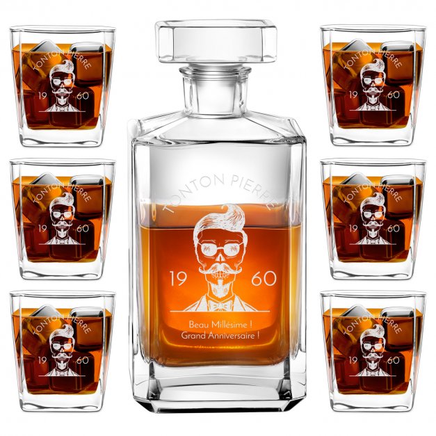 Carafe à whisky Bourbon et 6 verres avec gravure pour tonton