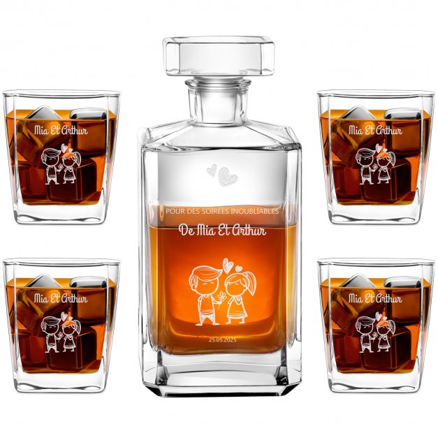 Carafe à whisky Bourbon et 4 verres avec gravure pour des amoureux