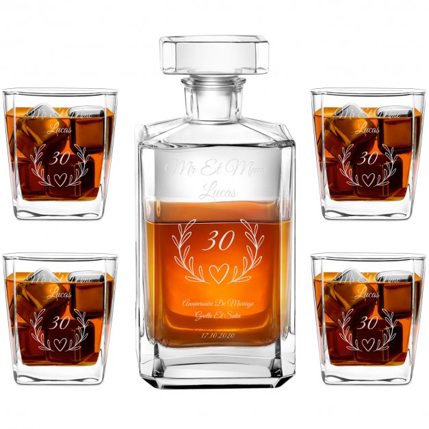 Carafe à whisky Bourbon et 4 verres avec gravure pour couple 30 ans de mariage