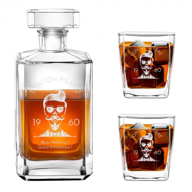 Carafe à whisky Bourbon et 2 verres avec gravure pour tonton
