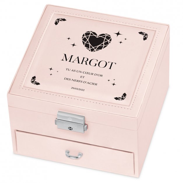 Coffret à bijoux rose personnalisé pour une femme au cœur d'or