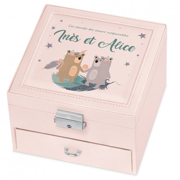 Coffret à bijoux rose avec impression pour l'anniversaire de vos petites filles jumelles