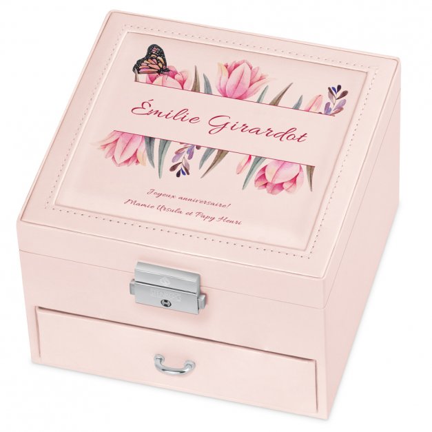 Coffret à bijoux rose avec impression pour l'anniversaire d'une petite-fille