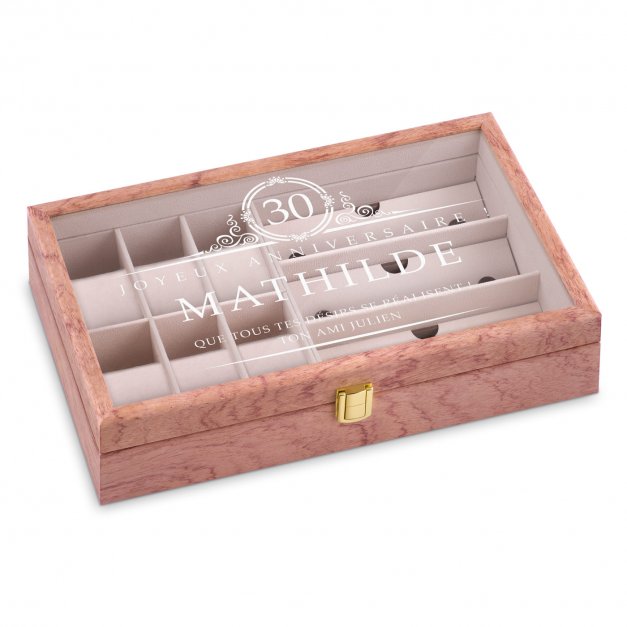 Coffret de rangement en bois rose avec gravure pour une femme pour son 30e anniversaire