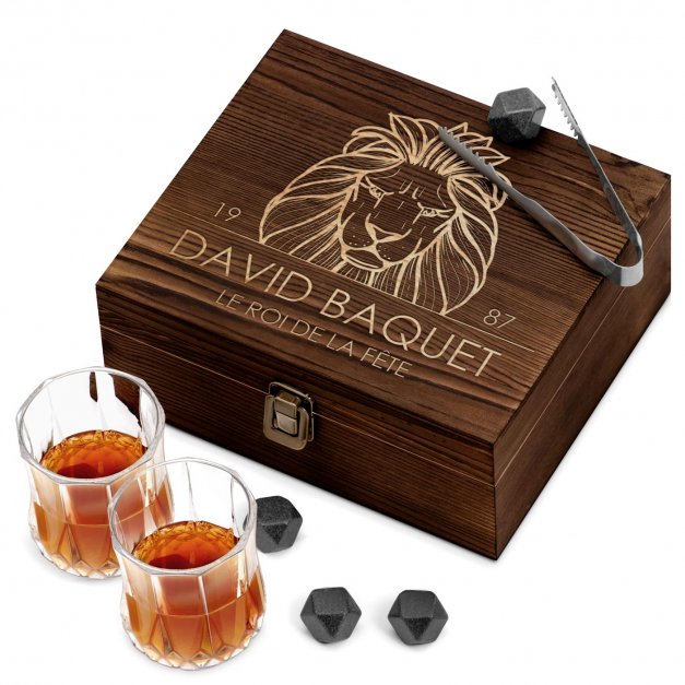 Ensemble de pierres à whisky avec 2 verres dans une boîte avec gravure pour l'anniversaire d'un ami