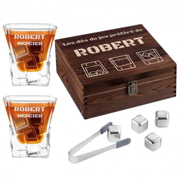 Pierres à whisky avec 2 verres gravés dans une boîte personnalisée pour l'anniversaire d'un collègue