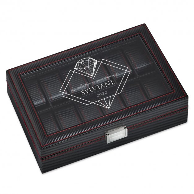 Coffret à montres noir carbone personnalisé pour l'anniversaire d'une femme