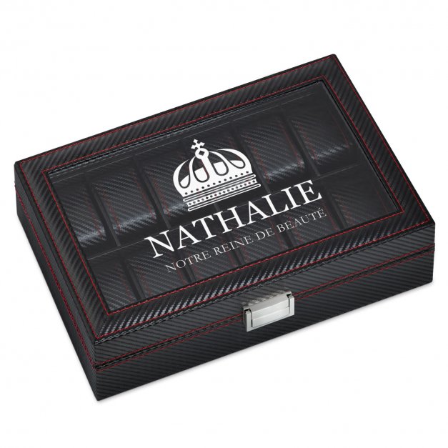 Coffret à montres noir carbone avec gravure pour l'anniversaire d'une amie
