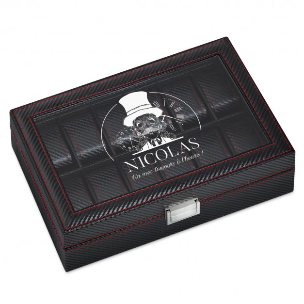 Coffret à montres noir carbone personnalisé pour l'anniversaire d'un fils
