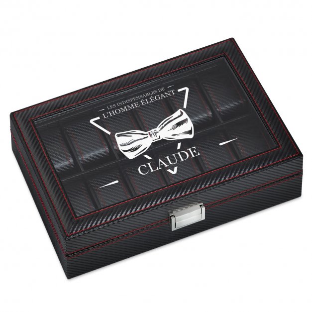 Coffret à montres noir carbone avec gravure pour l'anniversaire d'un patron