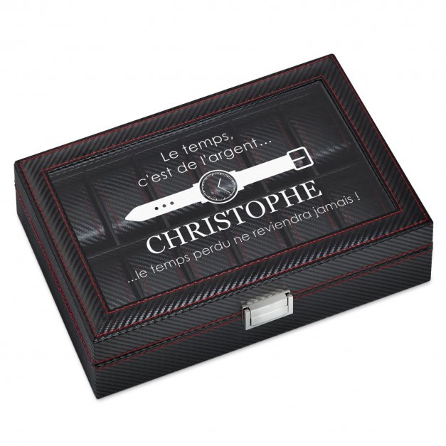 Coffret à montres noir carbone avec gravure pour l'anniversaire d'un ami