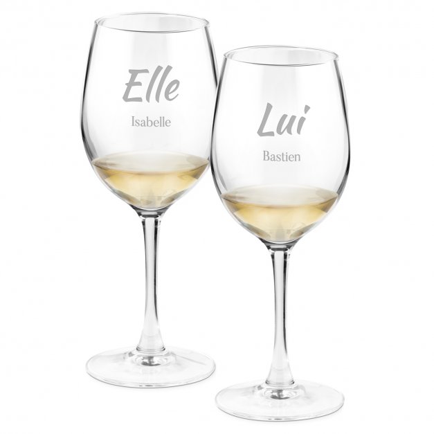 2 verres à vin avec gravure pour elle et lui