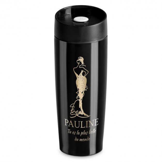 Mug de voyage noir avec gravure avec fermeture Quick-Press pour une collègue pour la fête des secrétaires
