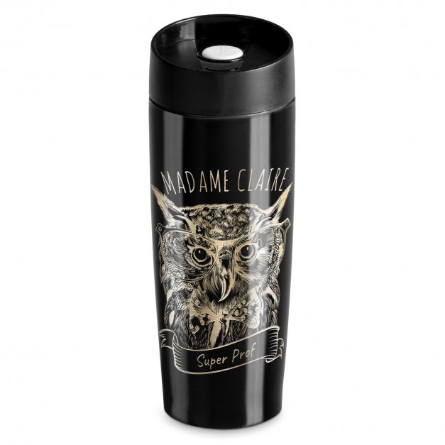 Mug de voyage noir avec gravure avec fermeture Quick-Press pour l'anniversaire d'une prof