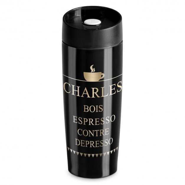Mug isotherme noir avec gravure avec fermeture Quick-Press pour l'anniversaire de papa