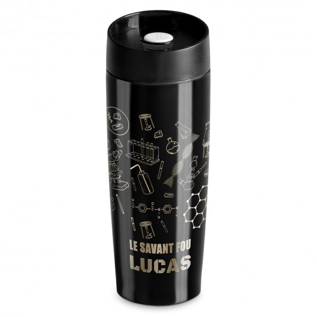 Mug de voyage noir avec gravure avec fermeture Quick-Press pour l'anniversaire d'un savant