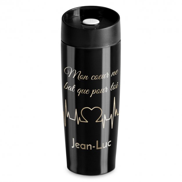 Mug isotherme noir personnalisé pour lui avec fermeture Quick-Press pour la Saint-Valentin