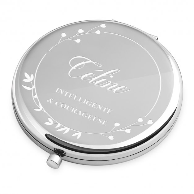 Miroir de poche rond de couleur argent avec gravure pour l'anniversaire d'une jeune fille