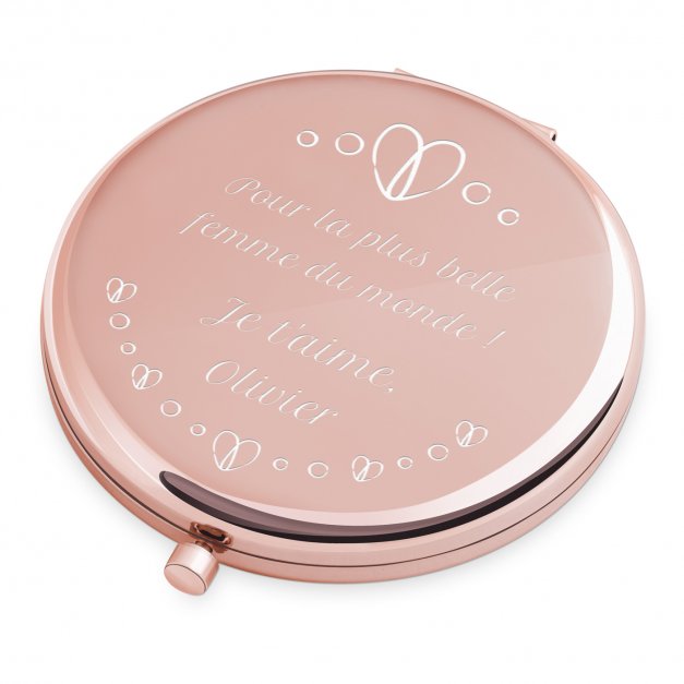 Miroir de poche rond de couleur or rose avec gravure pour une femme pour la Saint-Valentin