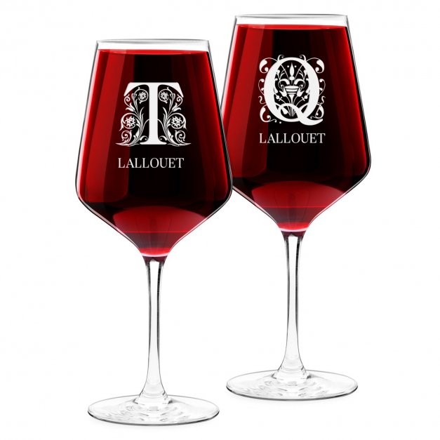 2 verres à vin taille XL avec gravure pour un couple avec une initiale