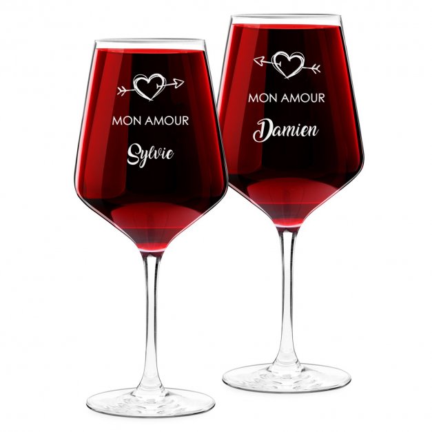 2 verres à vin taille XL avec gravure pour des amoureux