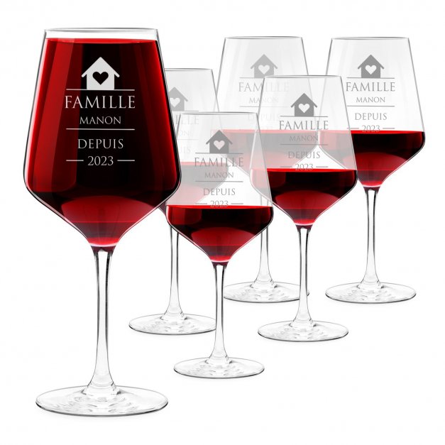 6 verres à vin taille XL avec gravure pour famille pour une crémaillère