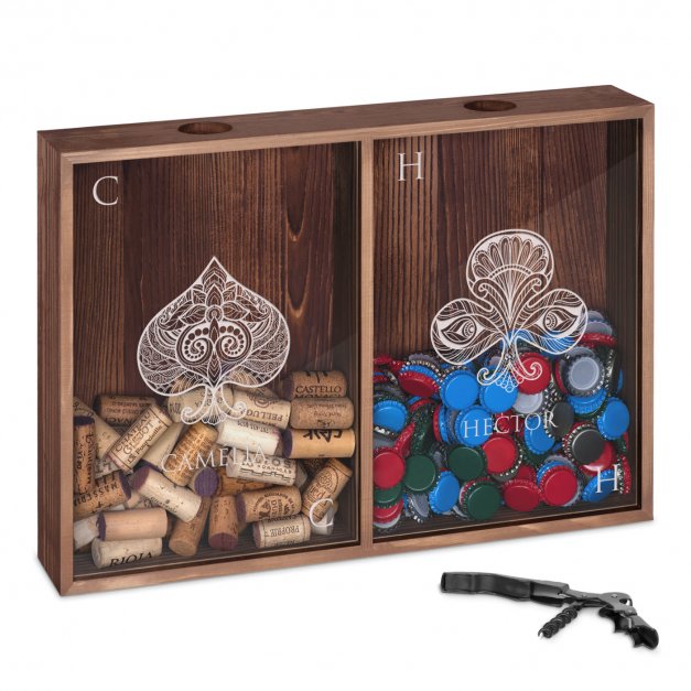 Collecteur de bouchons de vin et de bière personnalisé pour couple avec motif de cartes