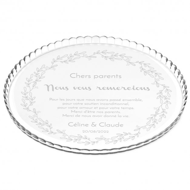 Présentoir à gâteau en verre avec gravure pour parents