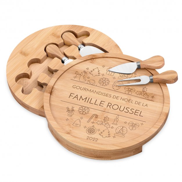 Plateau à fromage en bois avec gravure pour famille pour Noël