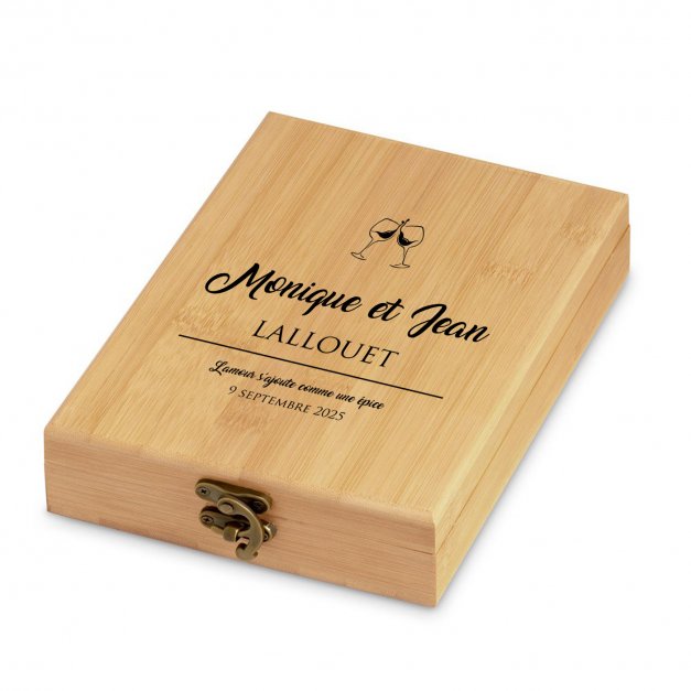 Ensemble d'accessoires pour vin avec coffret en bambou avec impression pour parents pour anniversaire de mariage