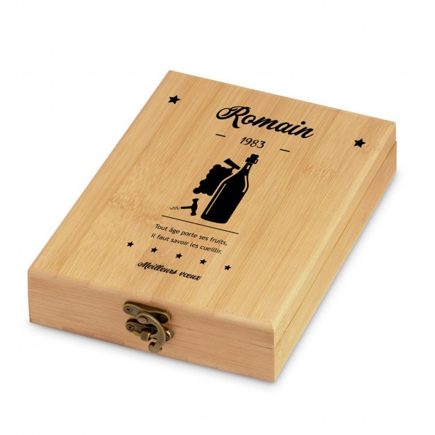 Ensemble d'accessoires pour vin avec coffret en bambou avec impression pour l'anniversaire d'un collègue