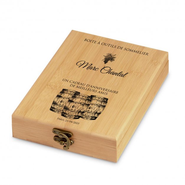 Ensemble d'accessoires pour vin avec coffret en bambou avec impression pour l'anniversaire d'un ami