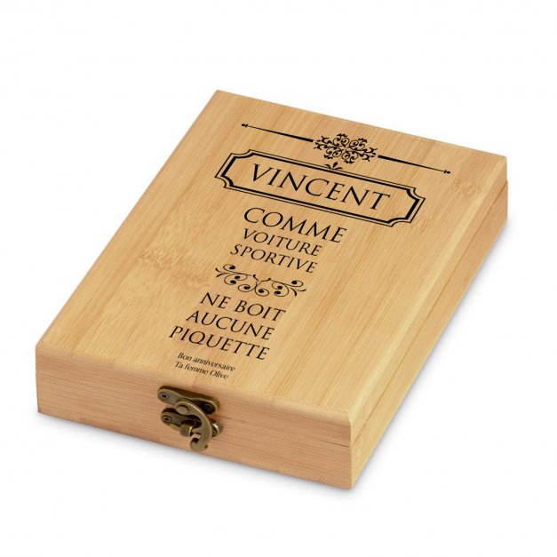 Ensemble d'accessoires pour vin avec coffret en bambou avec impression pour l'anniversaire d'un mari