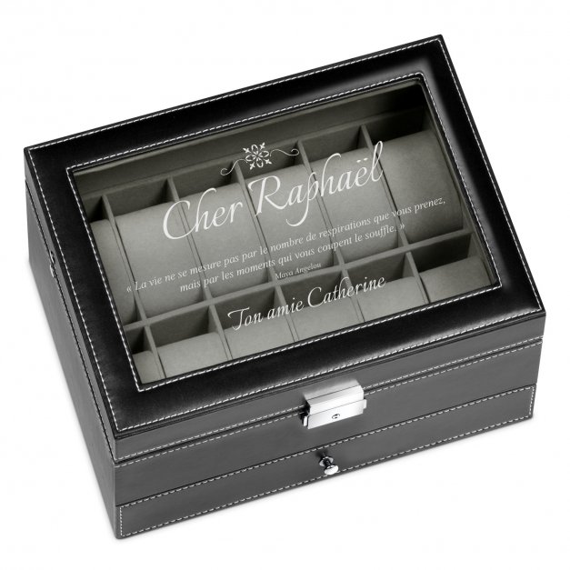 Boîte à bijoux et montres noire personnalisée pour l'anniversaire d'un ami