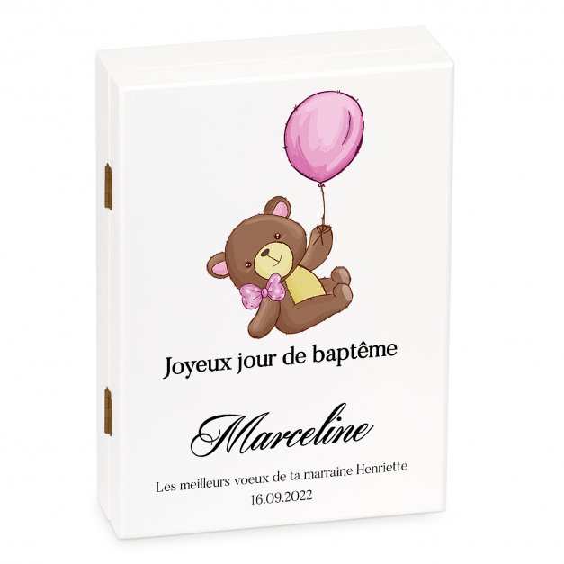 Ensemble de couverts avec prénom gravé pour fille baptême ours ballon