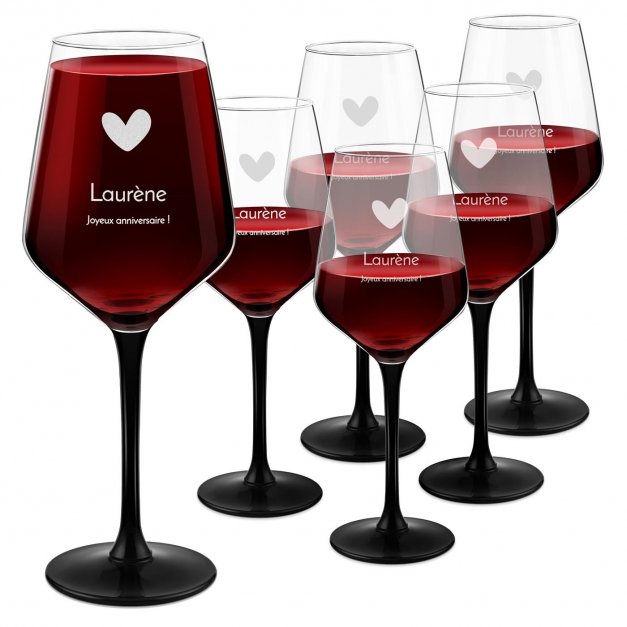 6 verres à vin à pied noir avec gravure pour l'anniversaire d'une copine