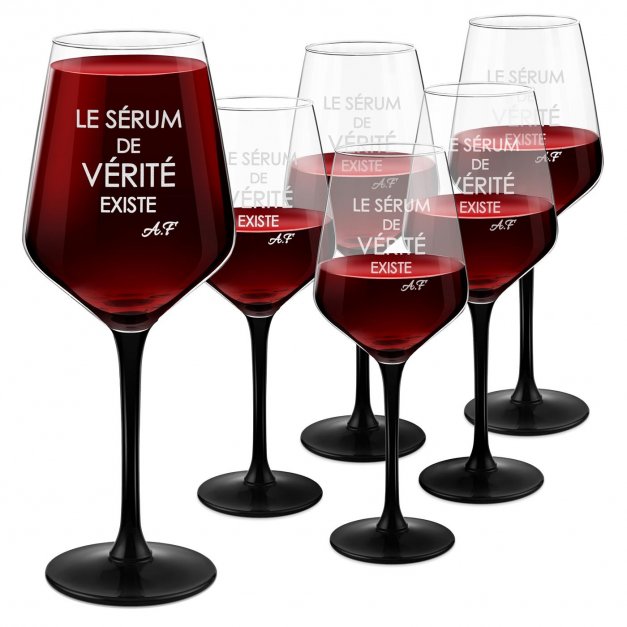6 verres à vin à pied noir avec gravure pour l'anniversaire d'une collègue