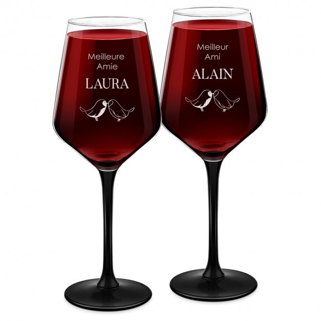 2 verres à vin à pied noir avec gravure pour meilleur ami et meilleure amie