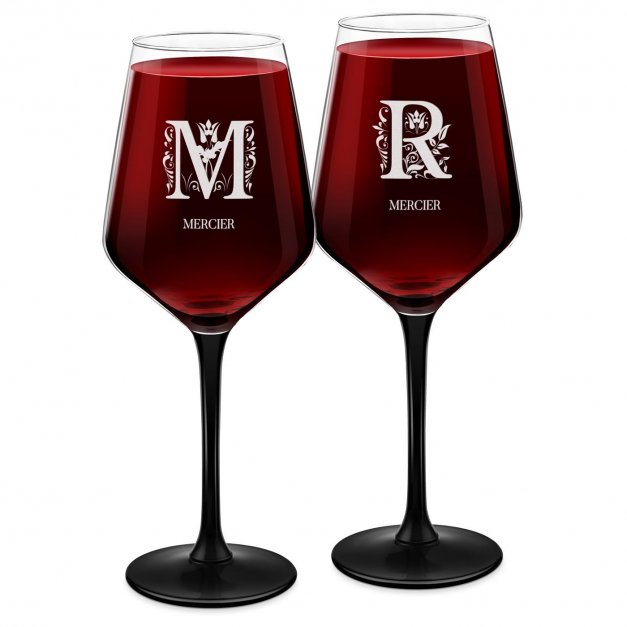 2 verres à vin à pied noir avec gravure pour un couple