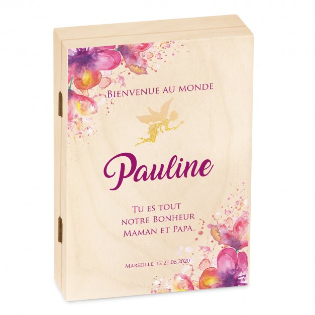 Set de couverts pour enfant avec coffret en bois et impression fille fée baptême 