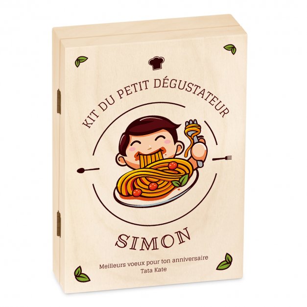 Set de couverts pour enfant dans coffret en bois avec impression garçon spaghetti anniversaire