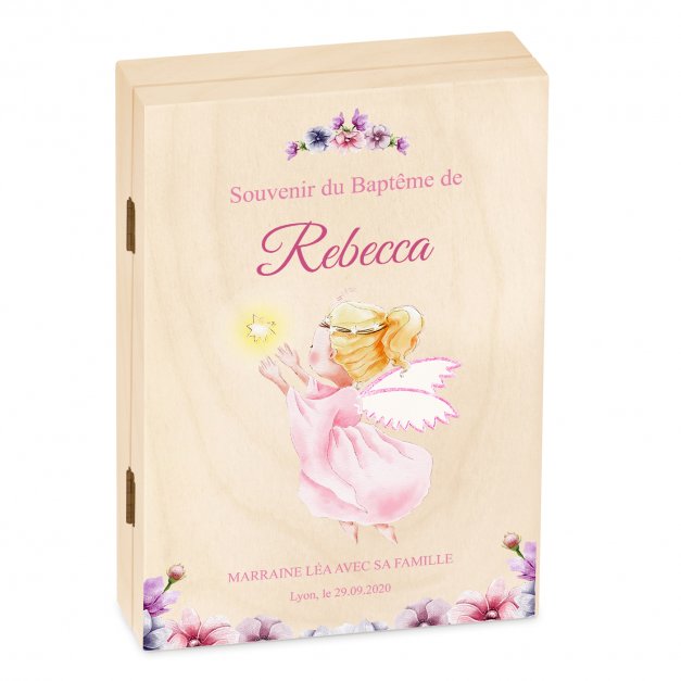 Set de couverts pour enfant dans coffret en bois avec impression fille ange baptême