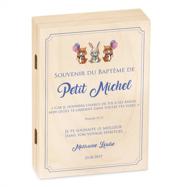 Set de couverts pour enfant dans coffret en bois avec impression garçon baptême 