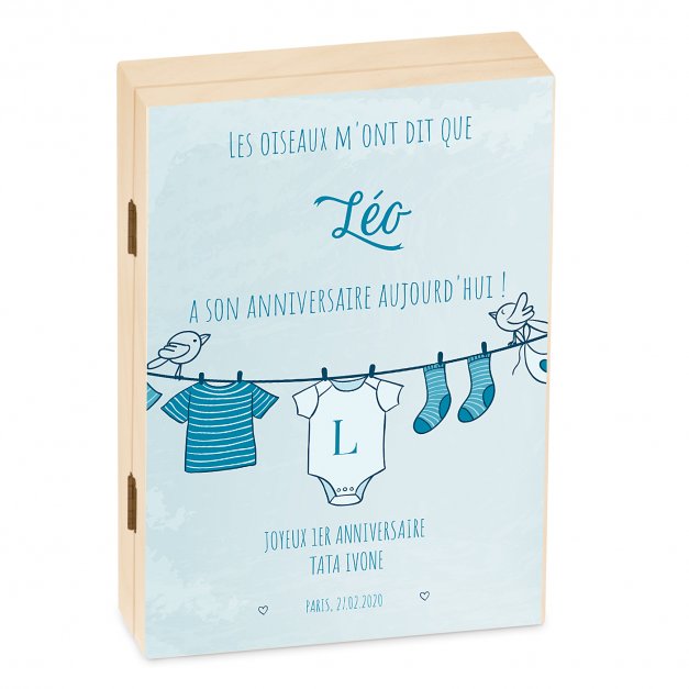 Set de couverts pour enfant dans coffret en bois avec impression garçon oiseaux anniversaire