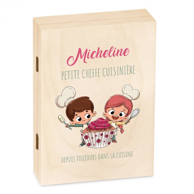 Set de couverts pour enfant dans coffret en bois avec impression fille cupcake