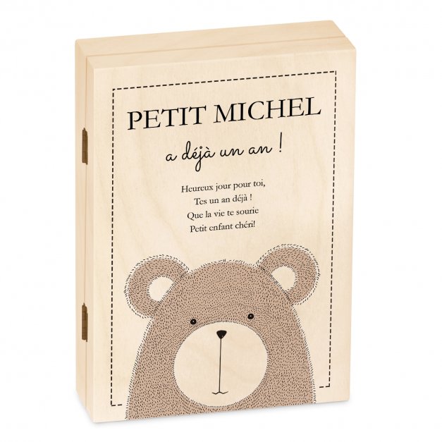 Set de couverts pour enfant dans coffret en bois avec impression garçon ourson anniversaire 
