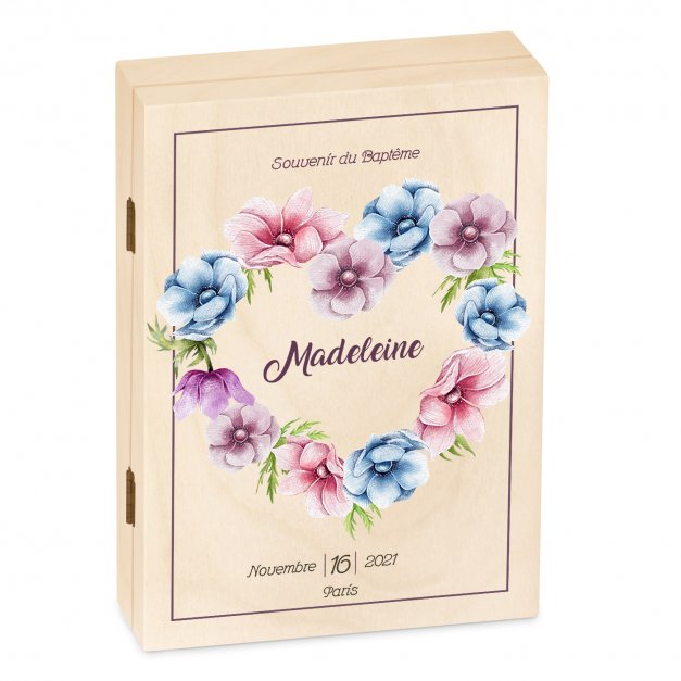 Set de couverts pour enfant dans coffret en bois avec impression fille fleurs baptême