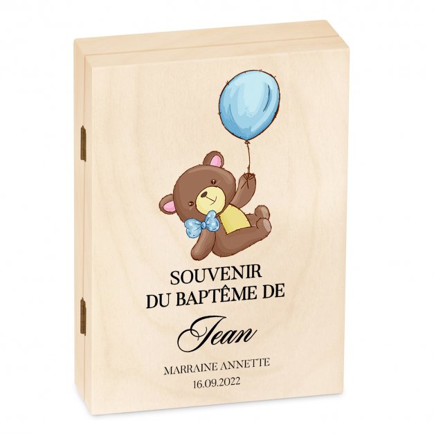 Set de couverts pour enfant dans coffret en bois avec impression garçon peluche baptême
