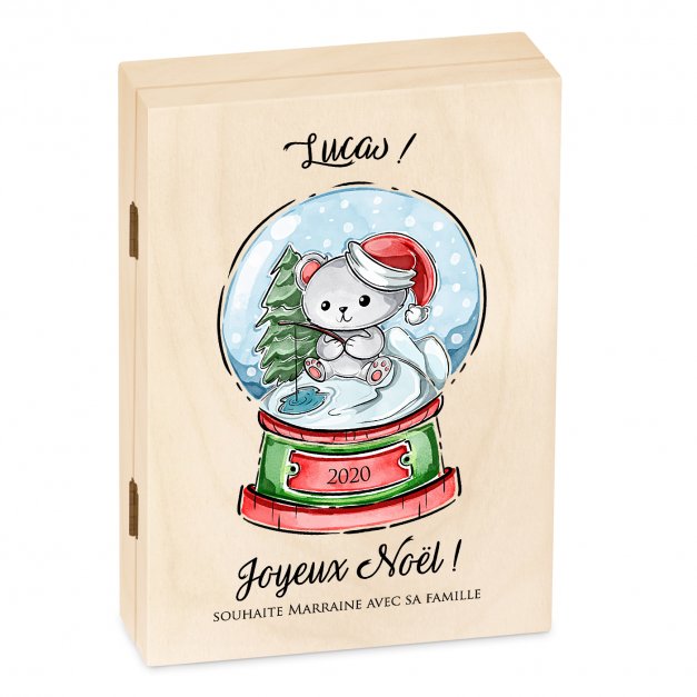 Set de couverts pour enfant dans coffret en bois avec impression fille ourson noel