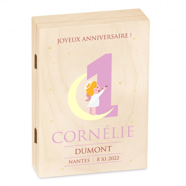 Set de couverts pour enfant dans coffret en bois avec impression fille ange 1 an
